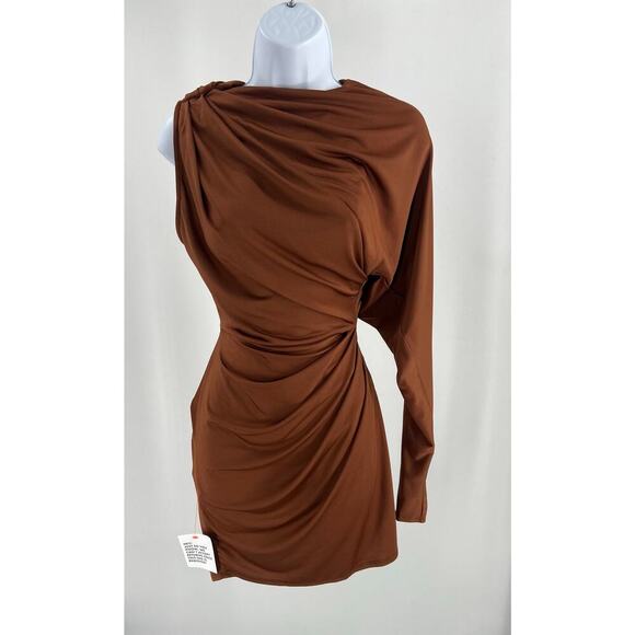 ASOS One Shoulder Draped Slinky Mini Dress in Chocolate size 2 NWT Love Island - Picture 7 of 14
